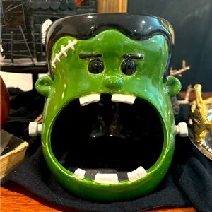 hand painted open mouth Frankenstein's monster ceramic candy dish Halloween